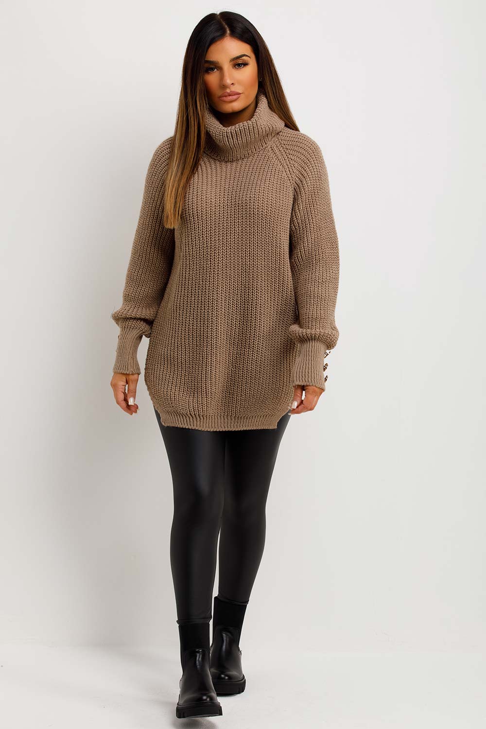 womens knitted roll neck jumper with gold buttons