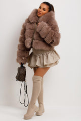 womens cropped faux fur hooded coat