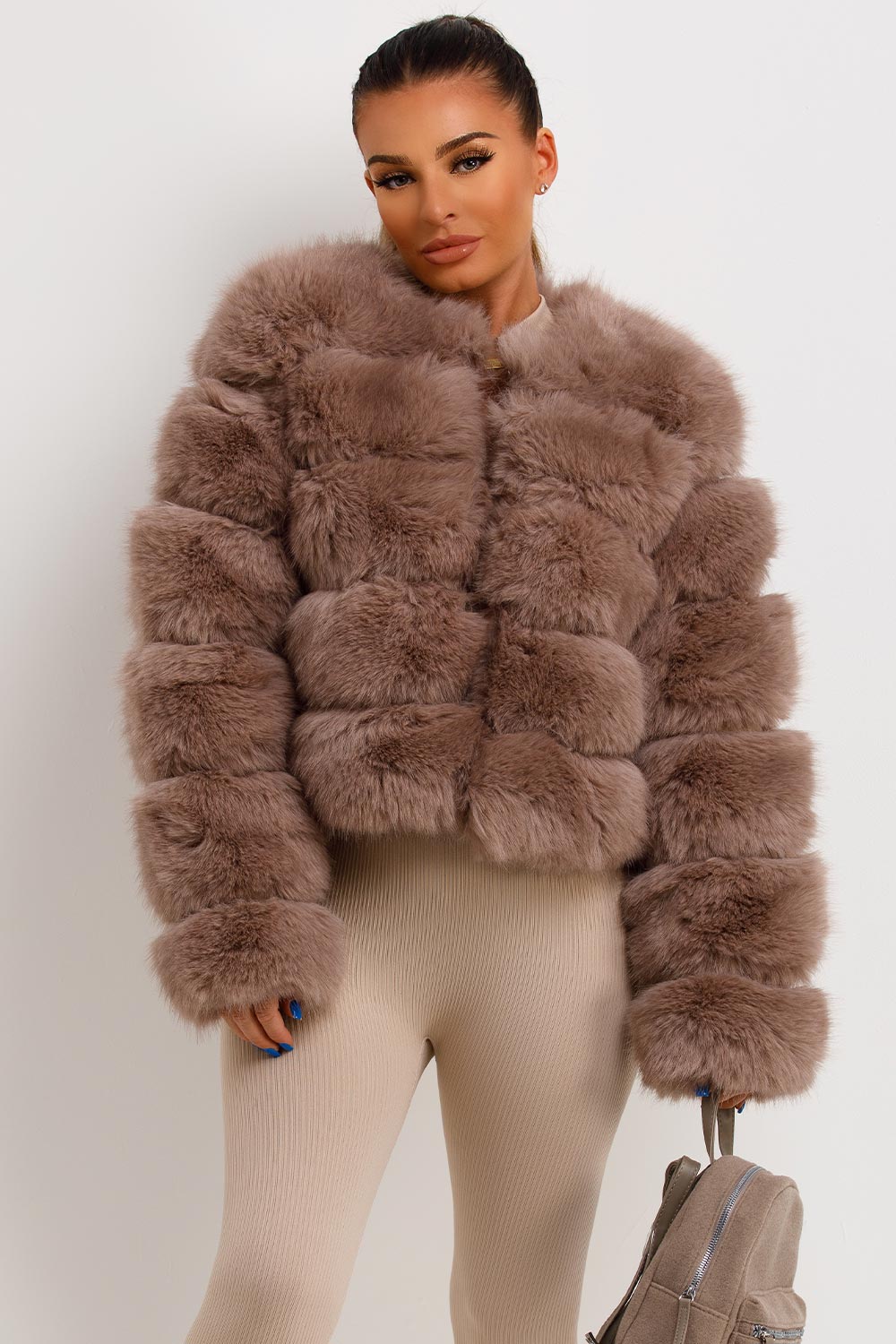 womens faux fur bubble jacket tan