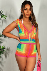 multi color crochet playsuit with fringe detail