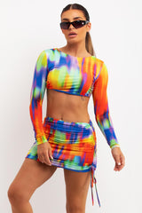 mini ruched side skirt and crop top co ord rave outfit