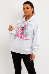 womens white oversized hooded sweatshirt with teddy bear my bubble graphic print
