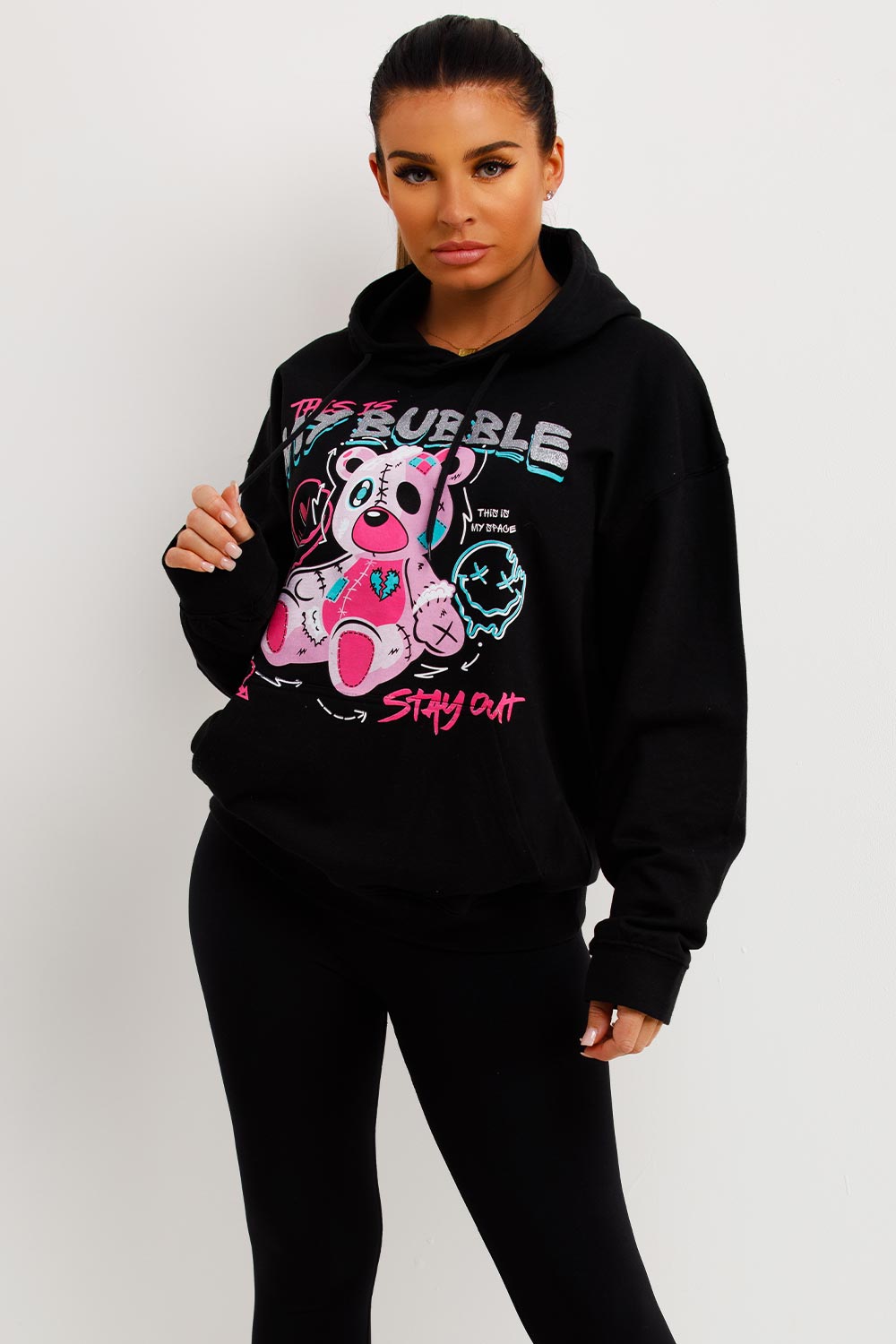 black oversized hoodie with teddy bear graphic print