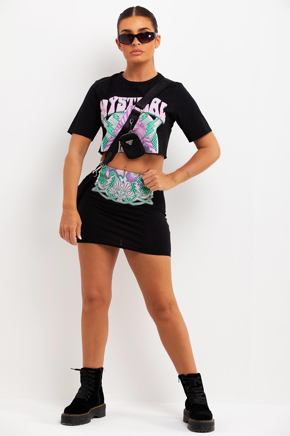 womens summer music festival rave outfit mini skirt and crop t shirt co ord