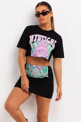 rave festival summer holiday outfit crop t shirt and mini bodycon skirt co ord set