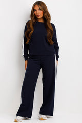 womens long sleeve top and wide leg trousers with side stripe loungewear co ord set styledup