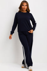 loungewear co ord with side stripe navy white