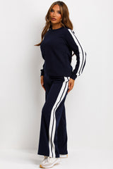 long sleeve top and wide leg trousers two piece loungewear set with side stripe womens tracksuit co ord