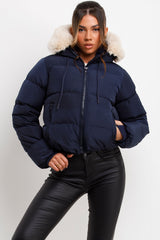 padded puffer jacket with faux fur hood womens