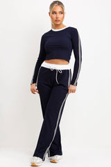 contrast side stripe wide leg trousers and long sleeve crop top two piece tracksuit set navy