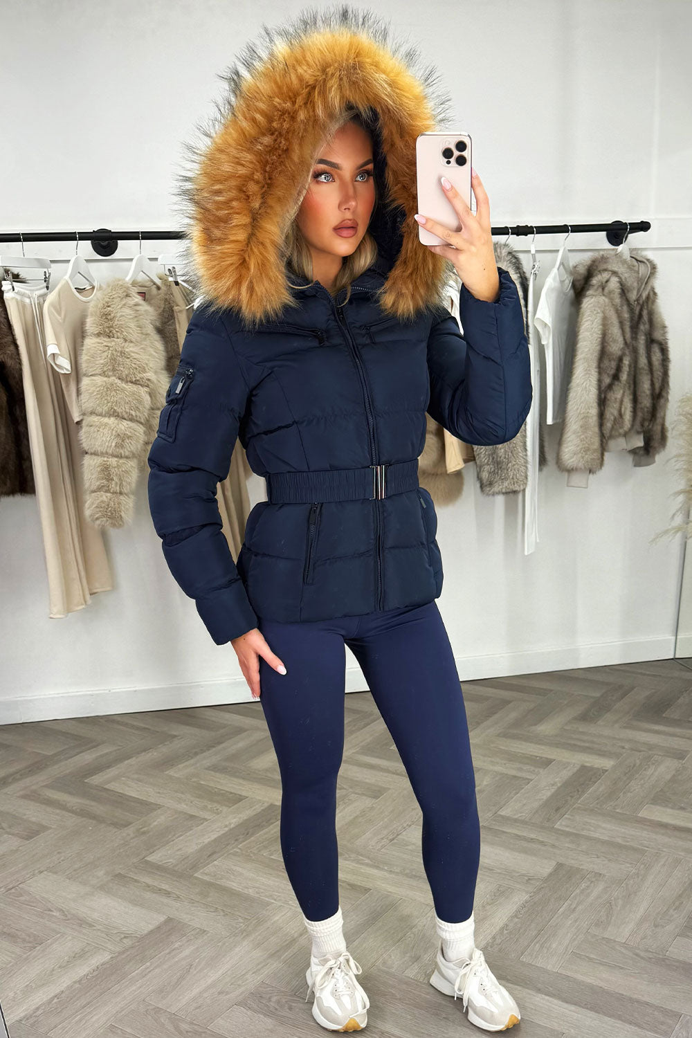 best belted puffer coat with fur hood navy for UK winters women