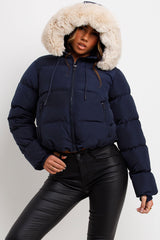 navy puffer jacket with fur hood for womens styledup