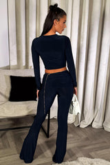 fold over waist skinny flared trousers and top co ord set navy