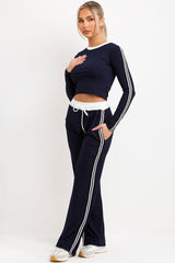 womens long sleeve top and wide leg elasticated waist joggers contrast side stripe tracksuit loungewear set