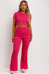 flared ribbed trousers with fold detail and crop top two piece matching set 