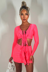 neon pink festival mini frill hem skirt and long sleeve tie front crop top set going out holiday outfit 