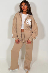 womens oversized zip up hooded sweatshirt and wide leg jogger loungewear set with new york athletic print styledup