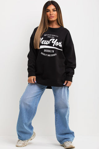 Women's Sweatshirt With New York Slogan Oversized Fit Black