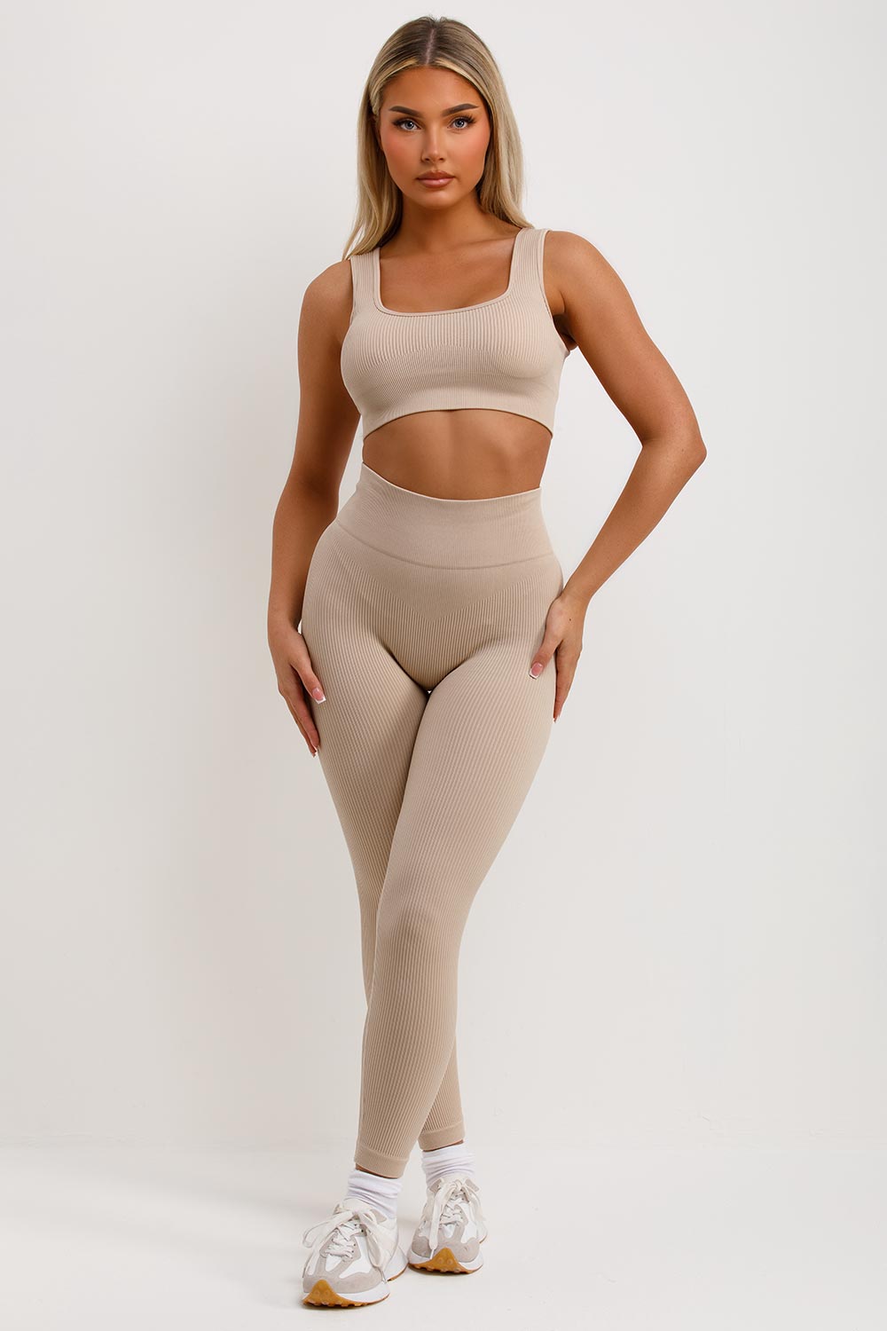 womens high waist ribbed leggings and crop top co ord set