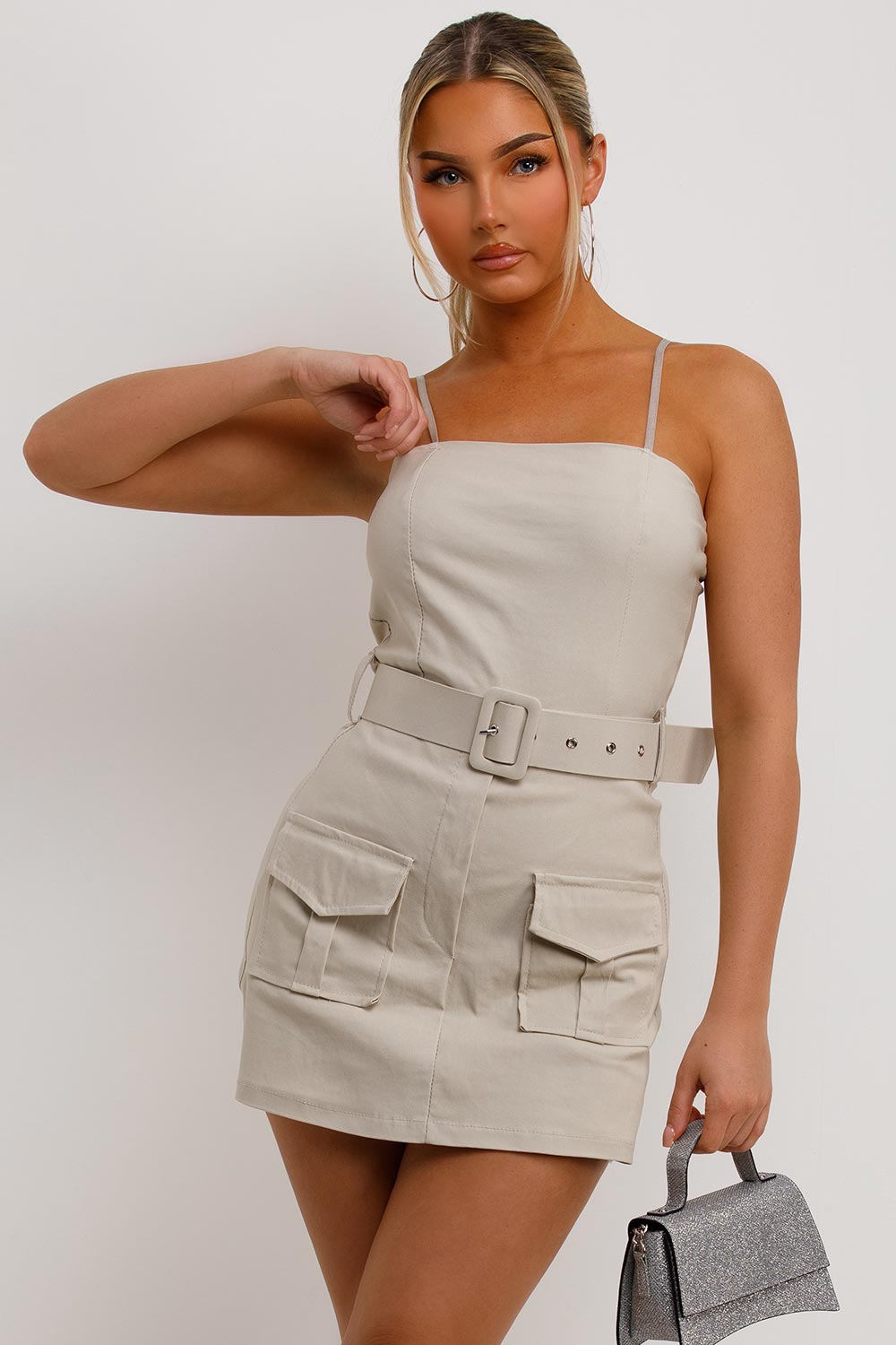 cargo playsuit with belt beige womens going out summer holiday occasion outfit