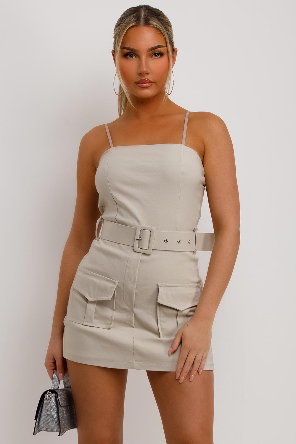 womens going out cargo playsuit with belt beige