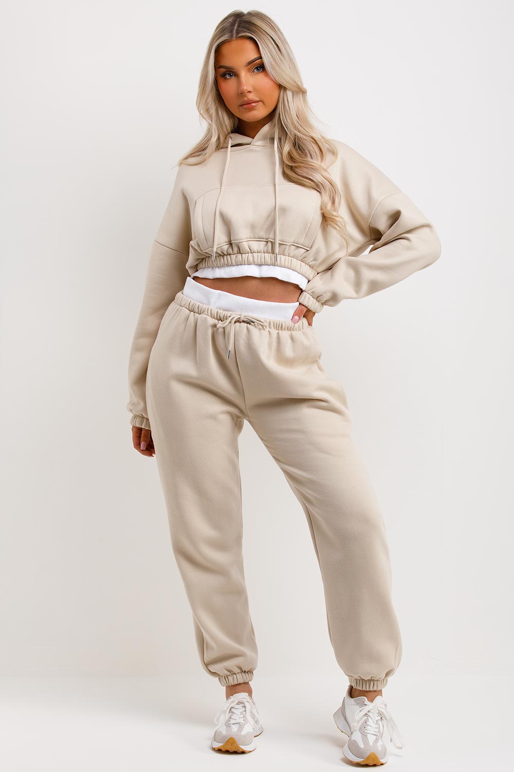 womens tracksuit crop hoodie and joggers set with rib hem