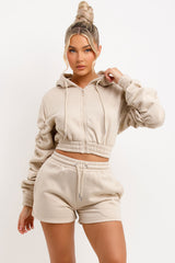 womens runner shorts and crop zip hoodie with ruched sleeves two piece tracksuit set for summer