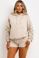 womens ruched sleeve hoodie and shorts tracksuit lounge set airport outfit