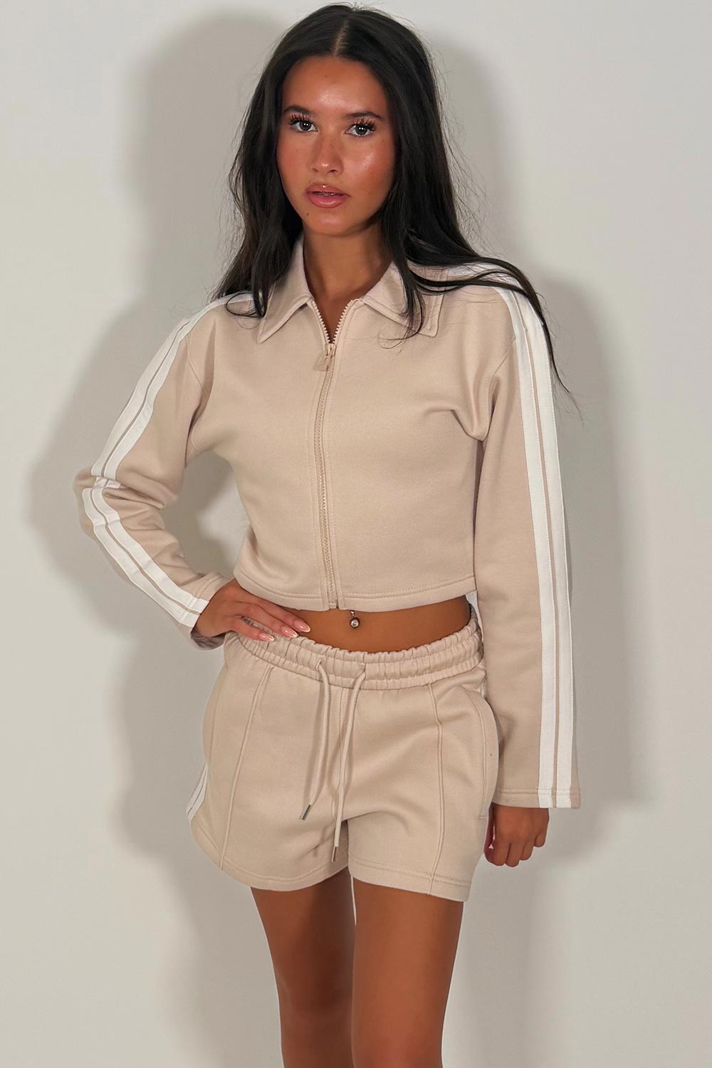 womens tracksuit shorts set long sleeve crop zip through sweatshirt and elasticated waist shorts summer holiday airport outfit styledup uk