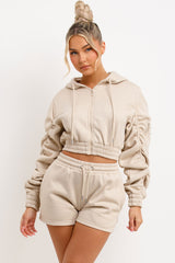 womens crop zip up hoodie with ruched sleeves and shorts tracksuit set