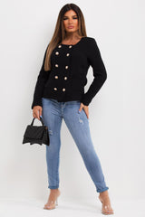 womens black tweed jacket with gold buttons uk