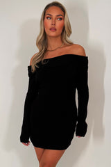 knitted bardot jumper dress with long sleeves styledup
