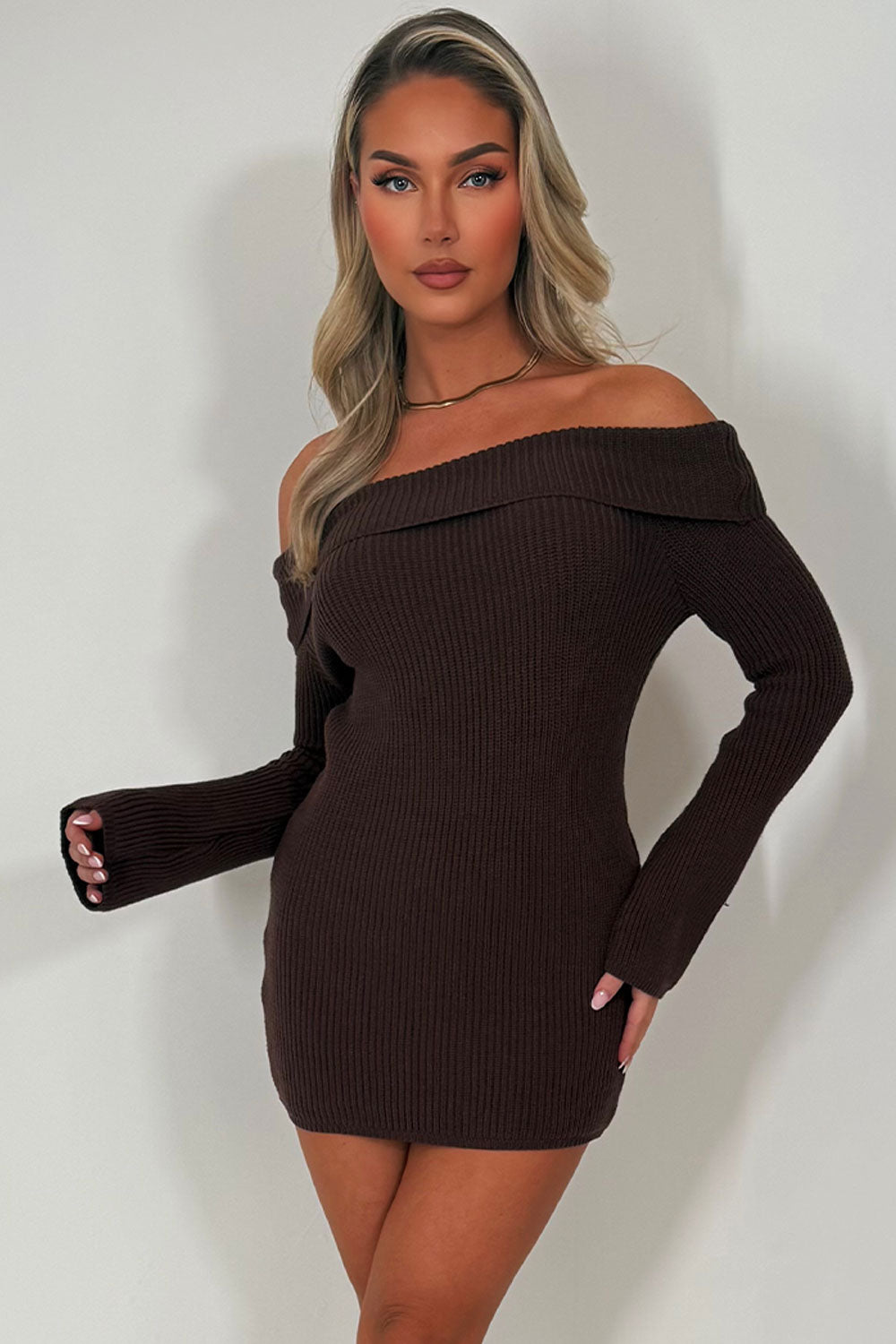 knitted long sleeve jumper dress with off shoulder neckline