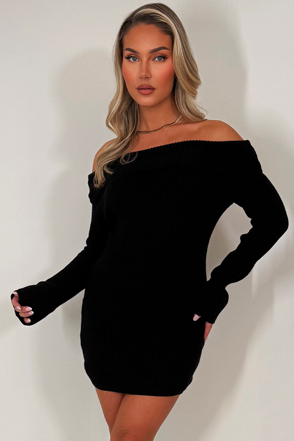 long sleeve knitted jumper dress with off shoulder neckline
