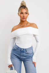 off shoulder fold over long sleeve bodysuit top