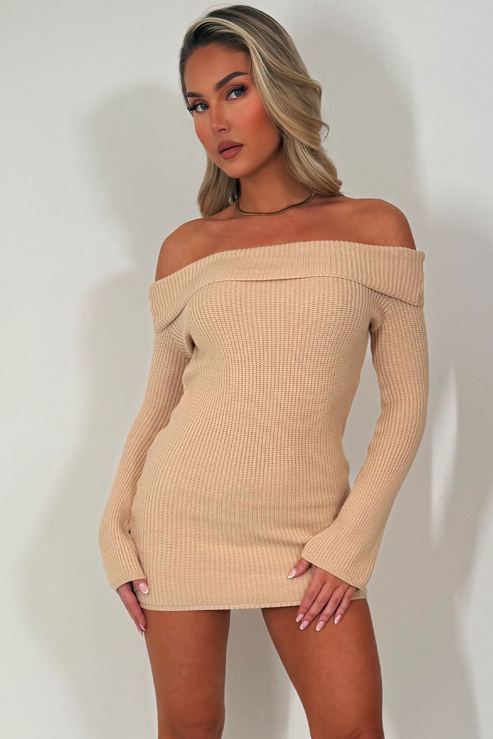 off shoulder long sleeve knitted dress christmas outfit