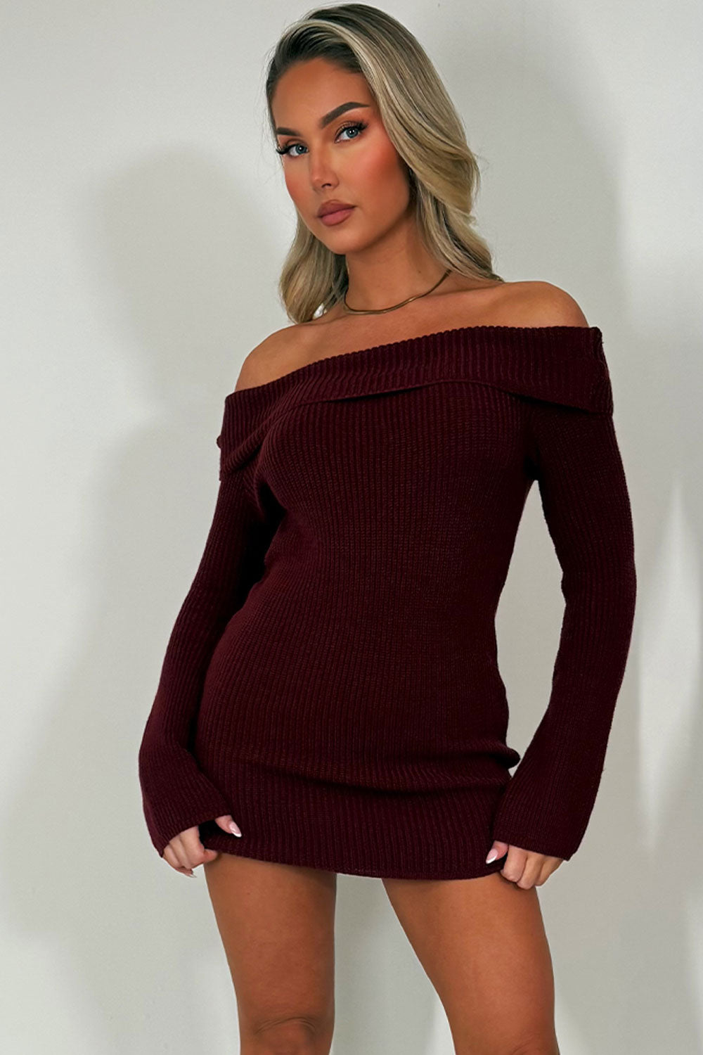 long sleeve knitted dress with fold over off shoulder neck line