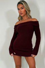 long sleeve knitted dress with fold over off shoulder neck line