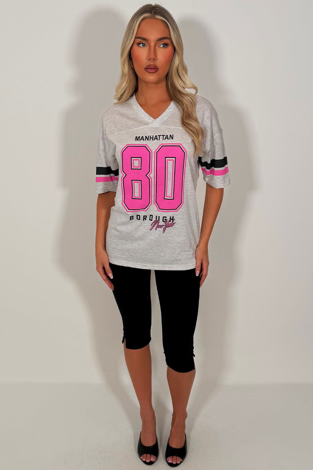 baseball jersey t shirt with manhattan 88 print everyday casual womens outfit styledup uk