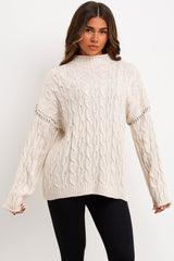 womens knitted jumper with contrast stitches cable knit