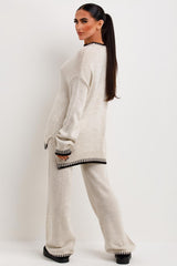 Women's Knitted Loungewear Set With Blanket Stitch Detail Beige
