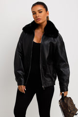 womens faux leather faux fur bomber jacket sale uk
