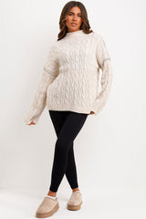 womens cable knit contrast stitch jumper beige