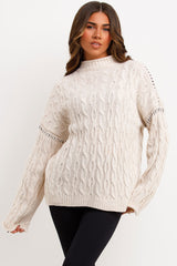 contrast stitch cable knit jumper beige 