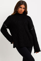 womens cable knit contrast stitch jumper black