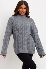 womens cable knit contrast stitch jumper grey