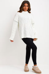 womens cable knit contrast stitch jumper cream