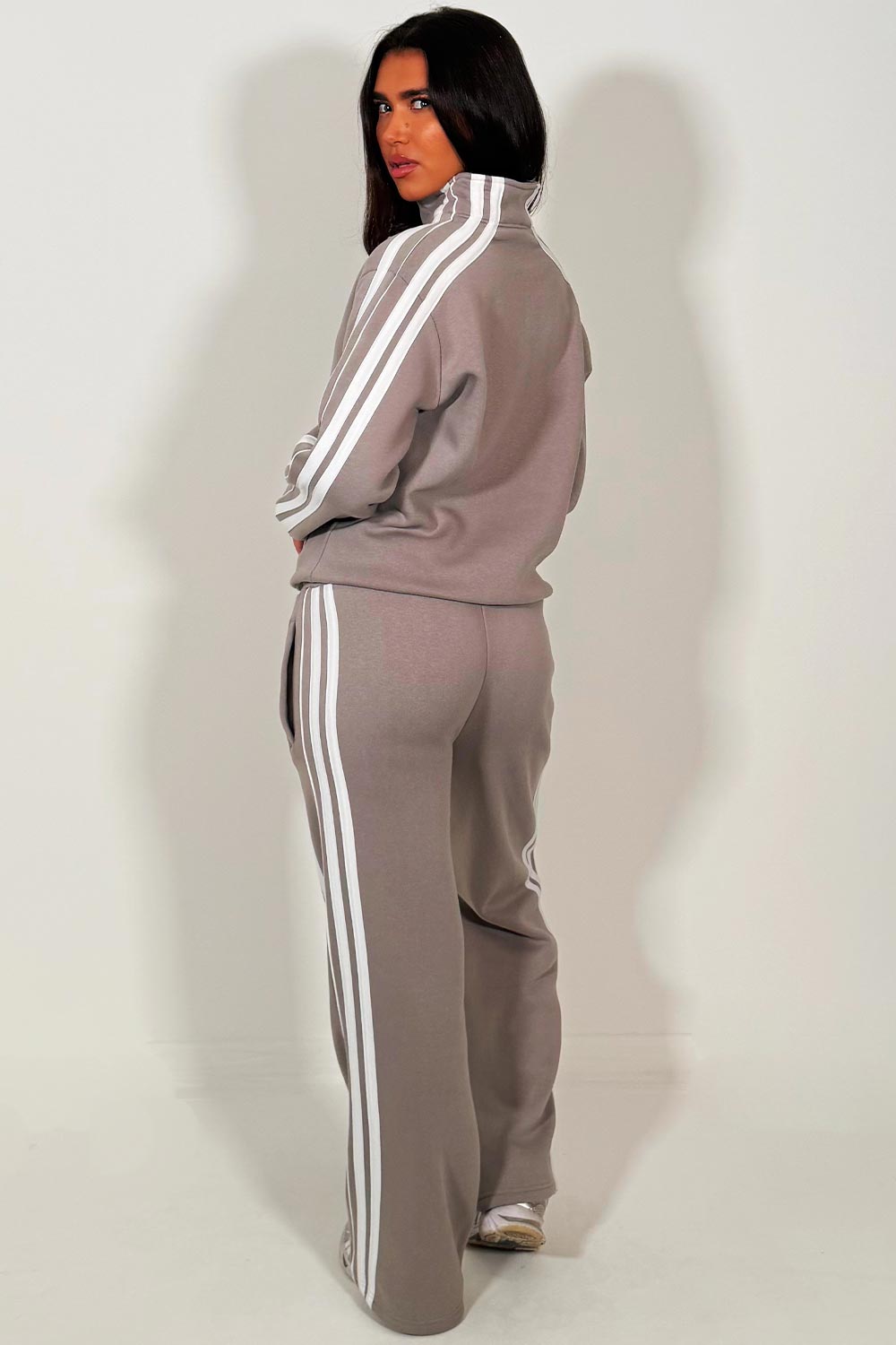 womens zip up sweatshirt and wide leg joggers tracksuit lounge set with side stripes dove grey 