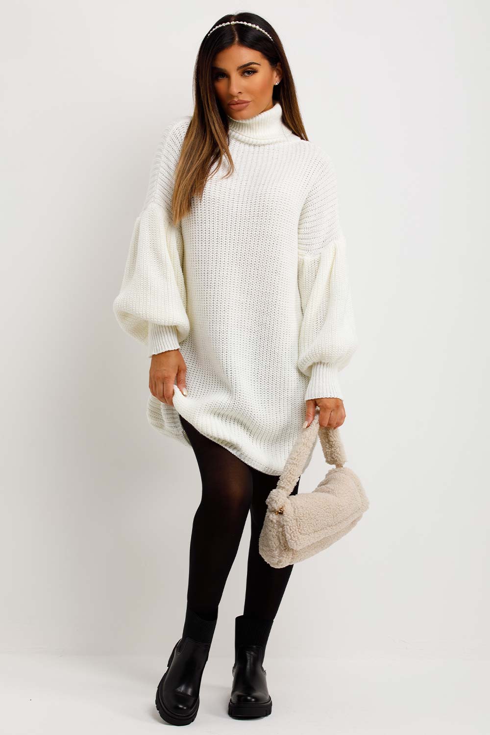 womens knitted jumper dress with roll neck and long sleeves