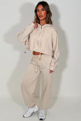 womens oatmeal zip up oversized hoodie with adjustbale drawstring waist and matching oversized joggers with adjustable drawstring hem tracksuit loungewear set styledup 
